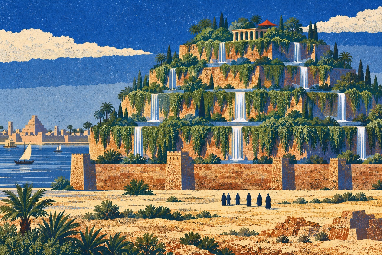 The Hanging Gardens of Babylon, a stepped terrace of planting with water falling from level to level