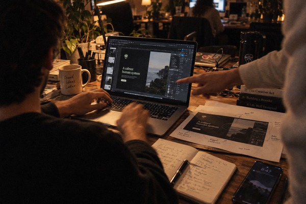 Working on an interface, one hand on the keyboard and another person pointing at the screen