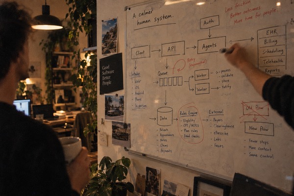 A system diagram on a whiteboard, being drawn and argued over