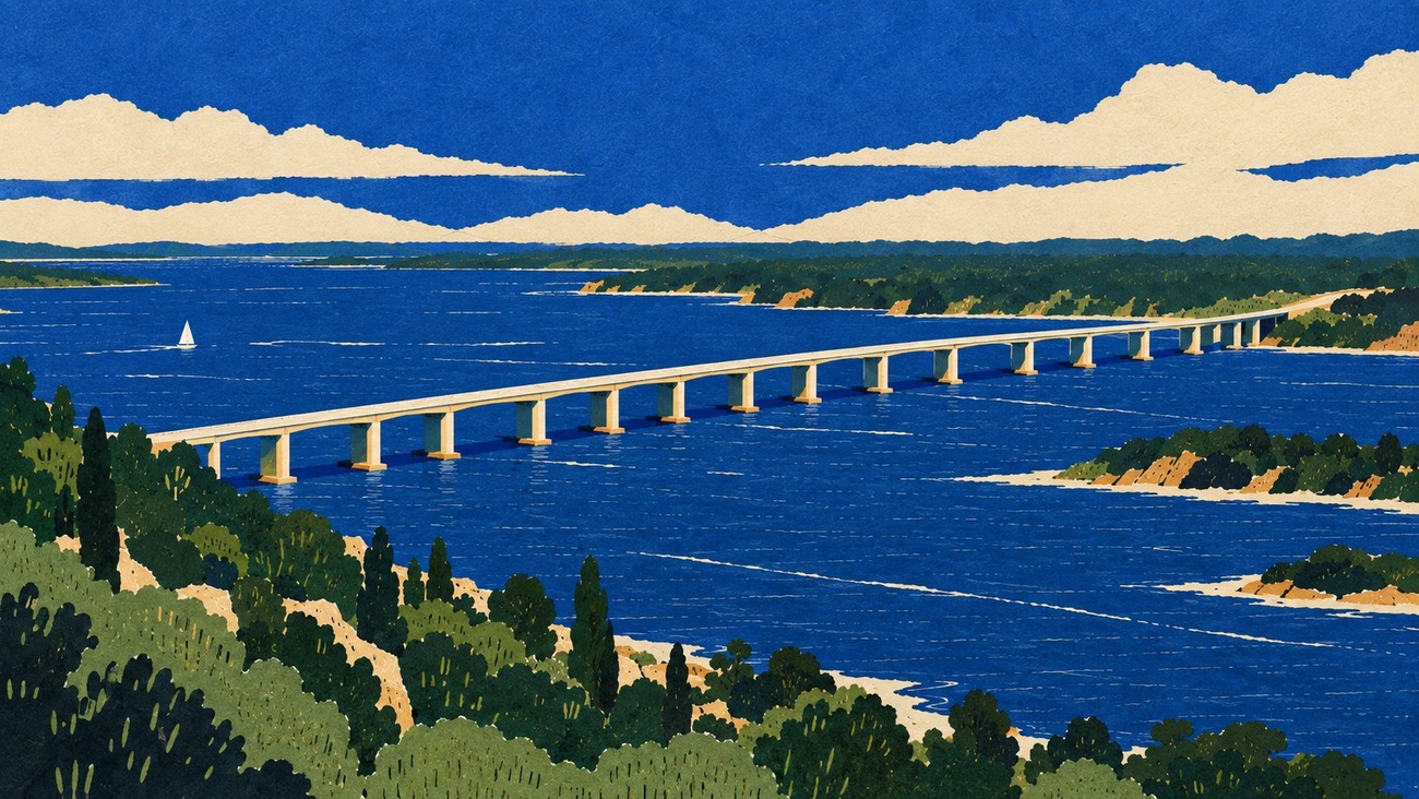 A long bridge crossing a wide inlet