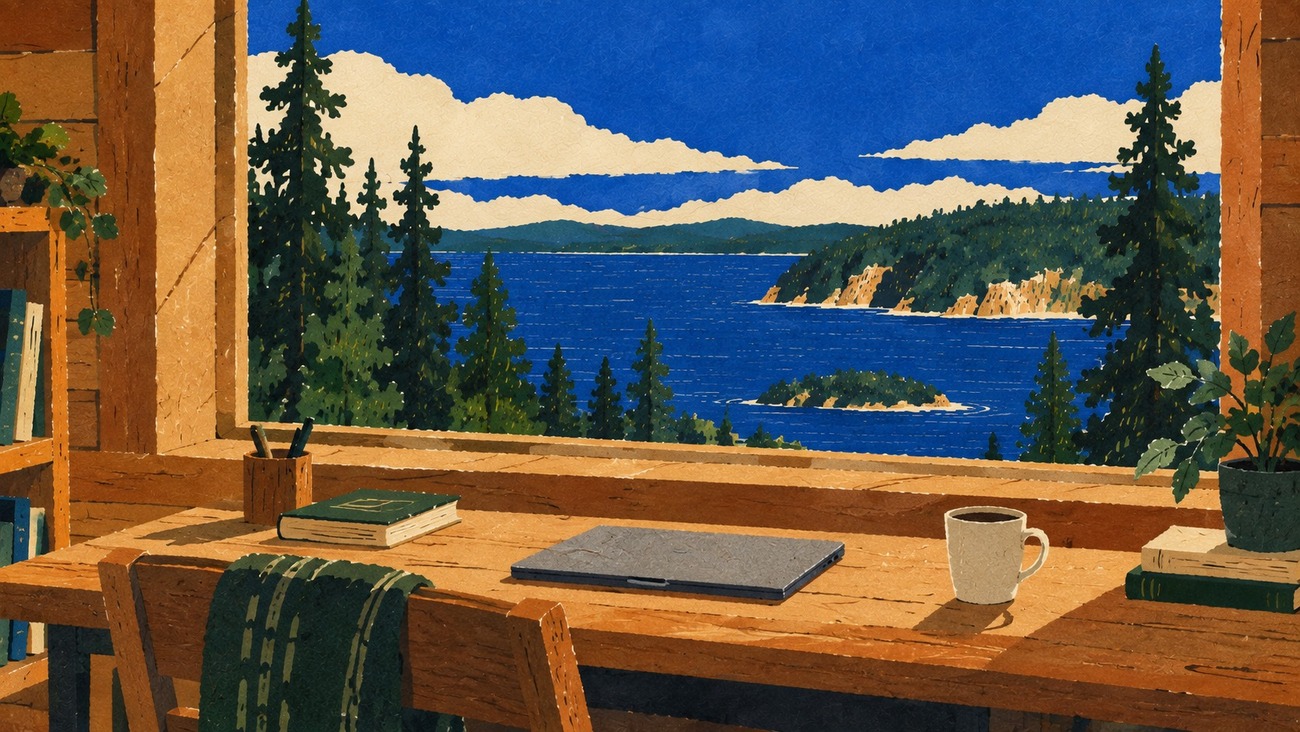 A desk under a window looking onto a lake