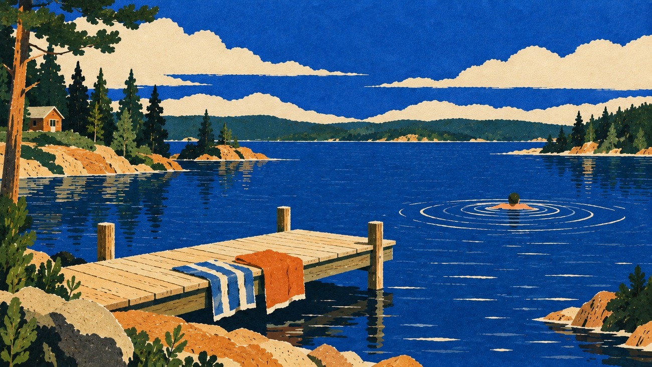 A jetty reaching into a still lake