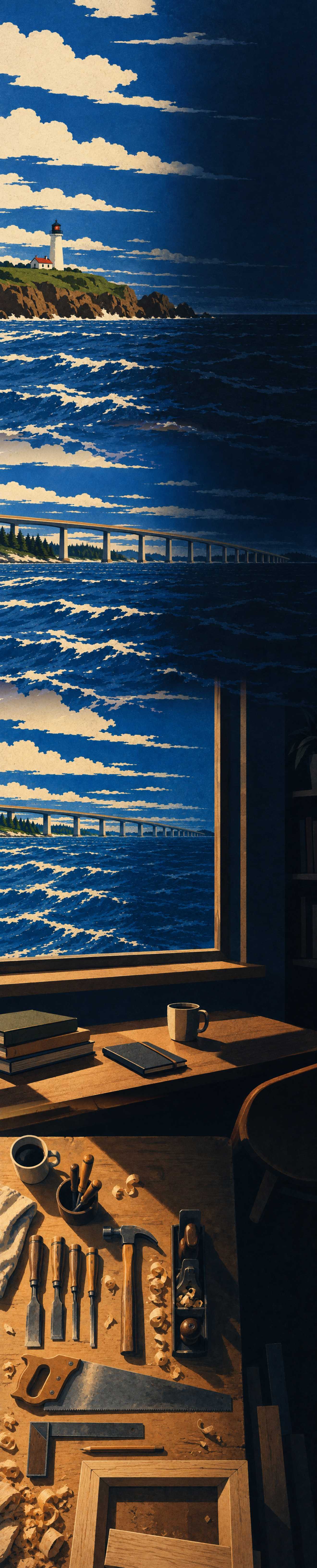 A long bridge crossing an inlet, a lighthouse on a headland, a desk at a window above a lake, a jetty into still water, and a workbench seen from above, dissolving into one another.