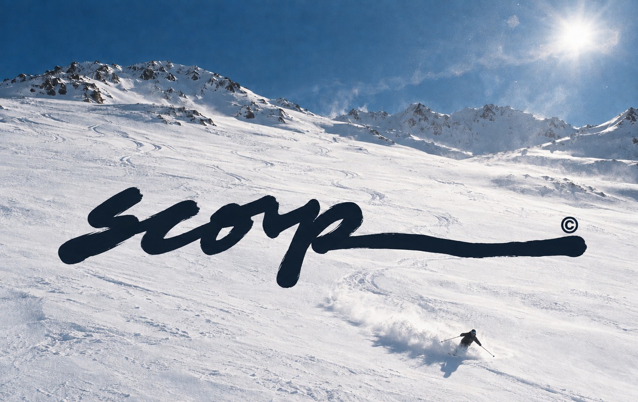 scorp, drawn by hand across an open snow slope with a skier far below